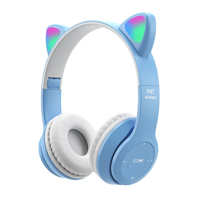 2021热销P47M LED七彩灯可爱猫耳游戏耳机无线蓝牙耳机